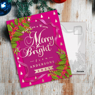 Postal Festiva Con Relieve Metalizado Los Navidades merry y brillantes rojos