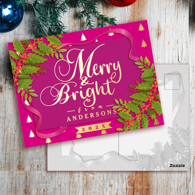 Postal Festiva Con Relieve Metalizado Los Navidades merry y brillantes rojos (Merry and Bright Christmas Red Foil Holiday Postcard)