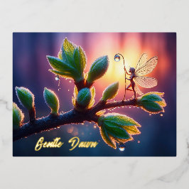 Postal Festiva Con Relieve Metalizado Magical fairy with dewdrop lantern on the branch