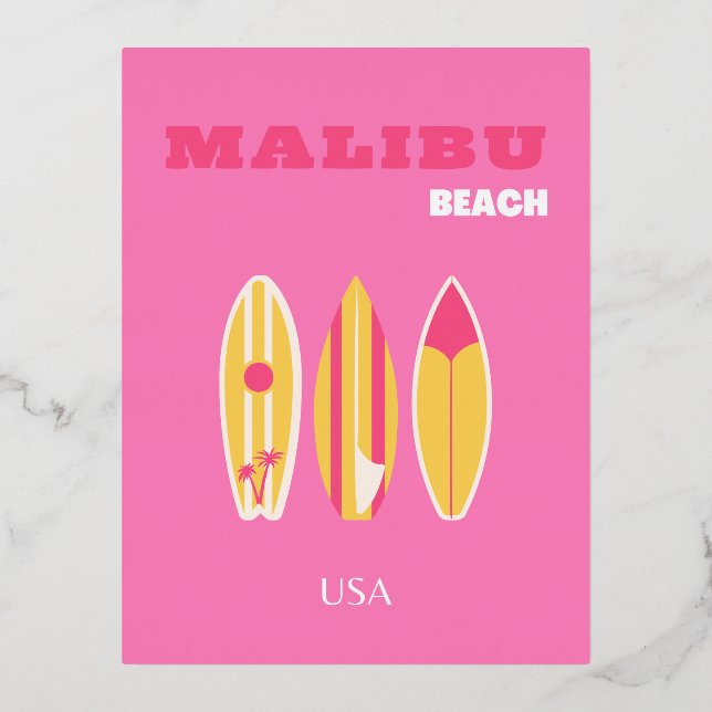 Postal Festiva Con Relieve Metalizado Malibu, Malibu Beach, California, Preppy, Pink (Anverso)