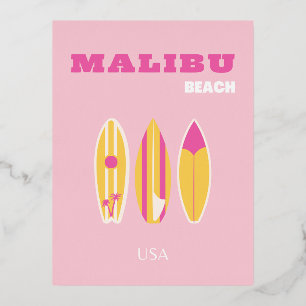Postal Festiva Con Relieve Metalizado Malibu, Playa Malibu, Preppy, Rosa