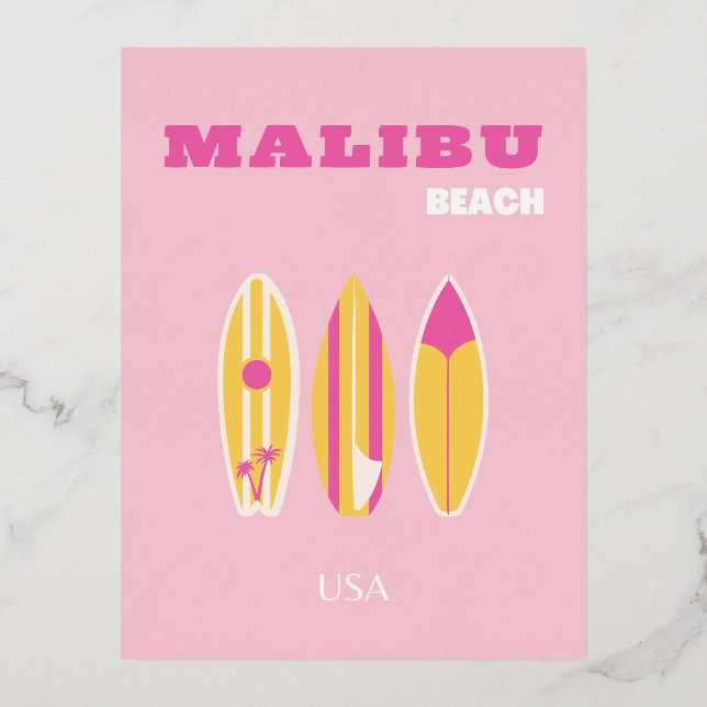 Postal Festiva Con Relieve Metalizado Malibu, Playa Malibu, Preppy, Rosa (Anverso)