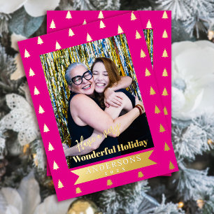 Postal Festiva Con Relieve Metalizado Maravilloso Navidad Foto Rosa Caliente