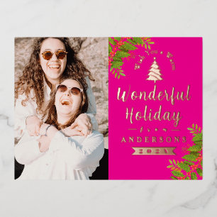 Postal Festiva Con Relieve Metalizado Maravilloso Navidad Foto Rosa Caliente