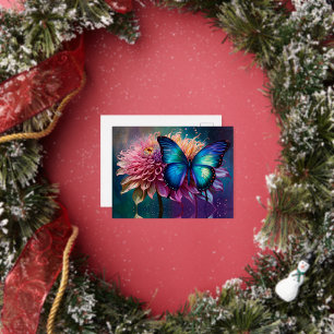 Postal Festiva Con Relieve Metalizado Mariposa azul y la Dalia