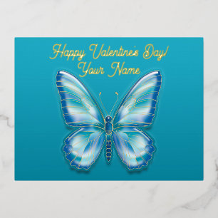 Postal Festiva Con Relieve Metalizado Mariposa Turquesa