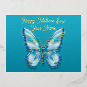 Postal Festiva Con Relieve Metalizado Mariposa Turquesa