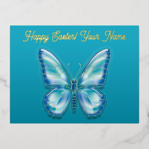Postal Festiva Con Relieve Metalizado Mariposa Turquesa