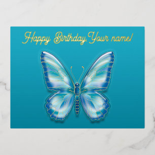Postal Festiva Con Relieve Metalizado Mariposa turquesa
