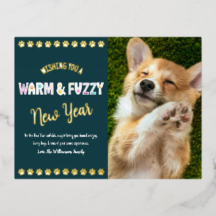 Postal Festiva Con Relieve Metalizado Mascota cálida y difusa Foto de Año Nuevo Teal Oro