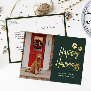 Postal Festiva Con Relieve Metalizado Mascota de la caligrafía de oro verde feliz de How