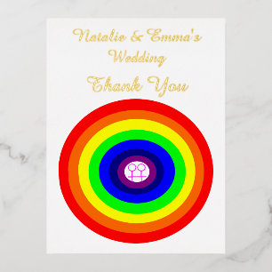 Postal Festiva Con Relieve Metalizado Matrimonio personalizado con arcoiris redondeado a