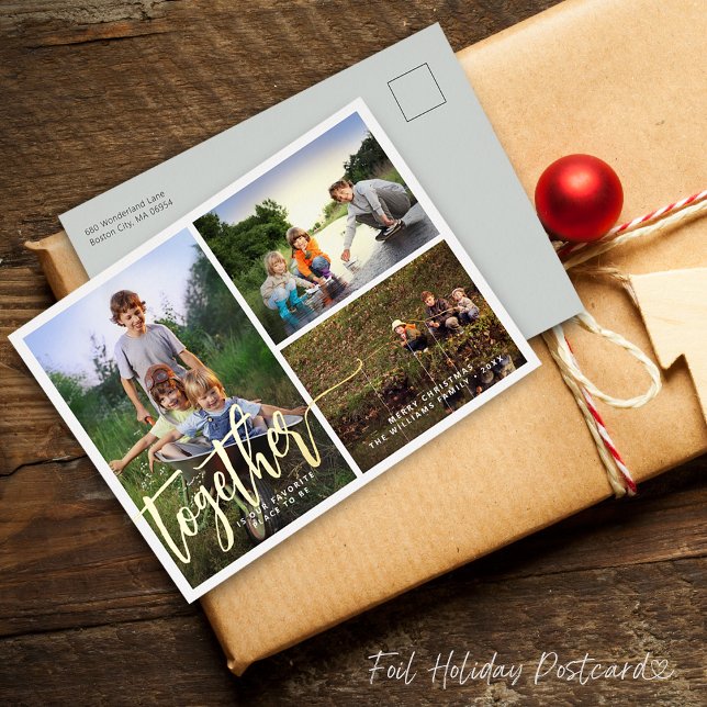 Postal Festiva Con Relieve Metalizado Mejor Juntos Tres Fotos (Better Together Three Photos Foil Holiday Postcard)