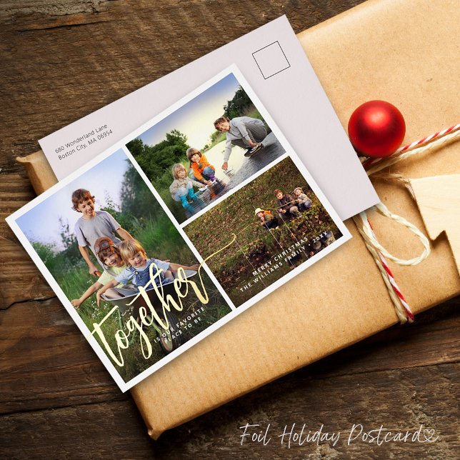 Postal Festiva Con Relieve Metalizado Mejor Juntos Tres Fotos (Better Together Three Photos Foil Holiday Postcard)