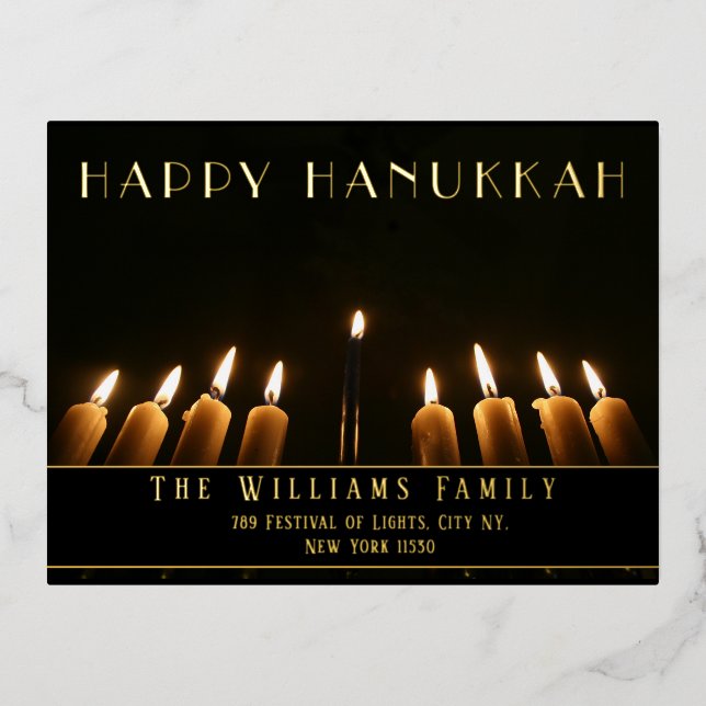 Postal Festiva Con Relieve Metalizado Menorah Candle Happy Hanukkah (Anverso)
