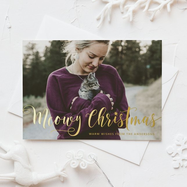 Postal Festiva Con Relieve Metalizado Meowy Navidades Caligrafía Gato moderno de fotogra (Subido por el creador)