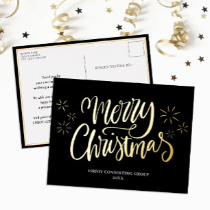 Postal Festiva Con Relieve Metalizado Merry Christmas Black Gold Calligraphy Business