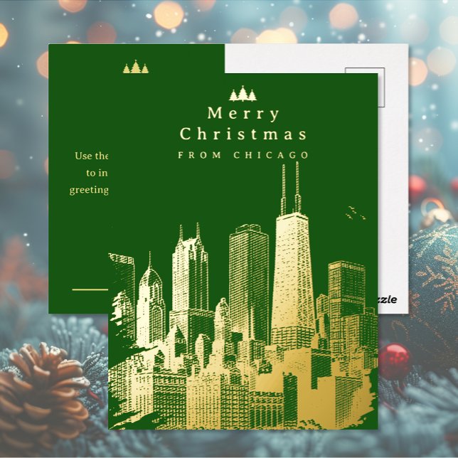 Postal Festiva Con Relieve Metalizado Merry Christmas Chicago Green Relieve metalizado P (Merry Christmas Chicago Green Foil Post Card (front and back))