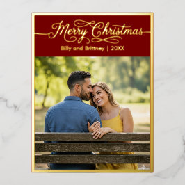 Postal Festiva Con Relieve Metalizado Merry Christmas Family Photo Red