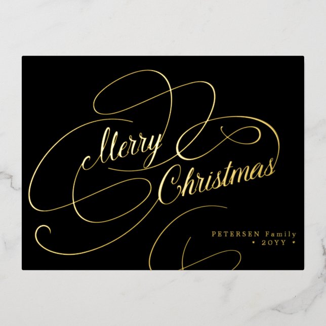 Postal Festiva Con Relieve Metalizado Merry Christmas gold script classic black (Anverso)