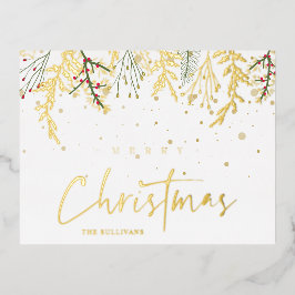 Postal Festiva Con Relieve Metalizado Merry Christmas Golden Snow Effect and Branches