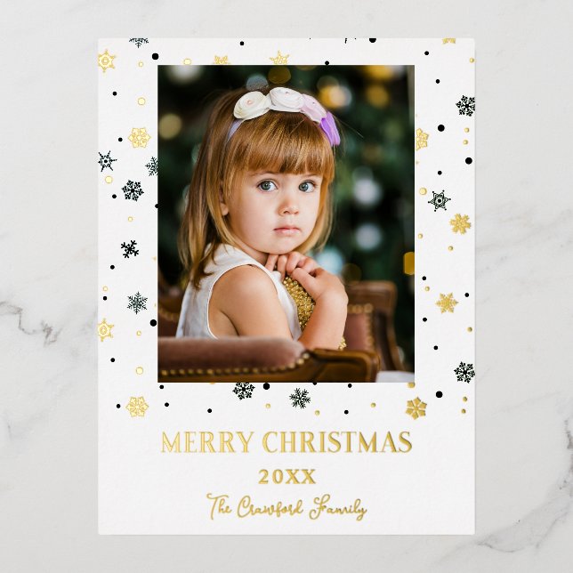 Postal Festiva Con Relieve Metalizado Merry Christmas Golden Snowflakes Family Photo (Anverso)
