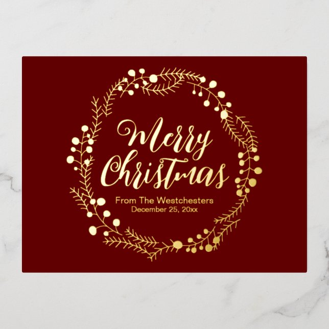 Postal Festiva Con Relieve Metalizado Merry Christmas maroon gold script wreath rústico (Anverso)