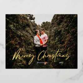 Postal Festiva Con Relieve Metalizado Merry Christmas Modern Script