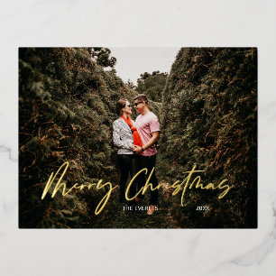 Postal Festiva Con Relieve Metalizado Merry Christmas Modern Script