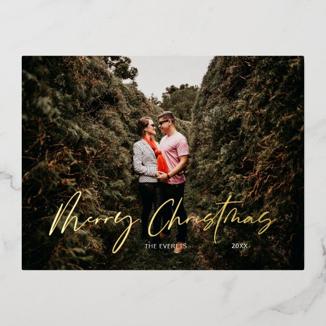 Postal Festiva Con Relieve Metalizado Merry Christmas Modern Script (Anverso)