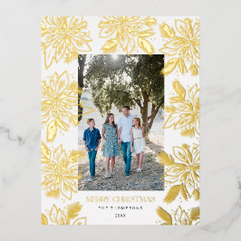 Postal Festiva Con Relieve Metalizado Merry Christmas Poinsettia Flower White