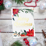 Postal Festiva Con Relieve Metalizado Merry Christmas Poinsettia Personalizado Corporate<br><div class="desc">Feliz Navidad con elegante escritura cursiva roja rodeada de adorables agujas de pino verde y flores de poinsettia roja festiva. Este magnífico borde floral es un toque de moda para sus postales corporativas de vacaciones de Relieve metalizado dorado. Personalizar con su empresa o nombre comercial entre el diseño botánico invernal....</div>