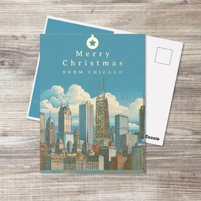 Postal Festiva Con Relieve Metalizado Merry Christmas Relieve metalizado Post Card Chica (Merry Christmas Chicago Skyline Foil Post Card (front and back))