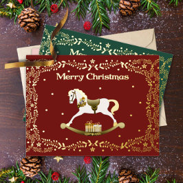Postal Festiva Con Relieve Metalizado Merry Christmas Rocking Horse Gold Foil Postcard