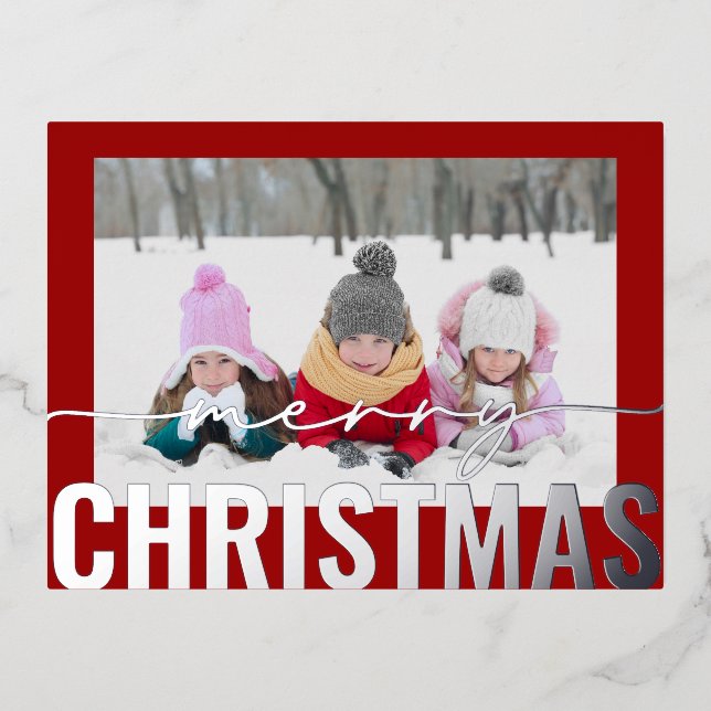 Postal Festiva Con Relieve Metalizado Merry Christmas Script Photo Simple Modern (Anverso)