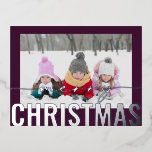 Postal Festiva Con Relieve Metalizado Merry Christmas Script Photo Simple Modern<br><div class="desc">Fotos del guión de navidad Fotos simples Navidades de Relieve metalizado plateado moderno postales incluye tu foto favorita en un simple fondo minimalista de ciruela profunda con un sobrepeso de escritura de caligrafía de Relieve metalizado plateado "Feliz Navidad". Personalice editando el texto en el reverso. Diseñado por ©2024 Evco Studio...</div>