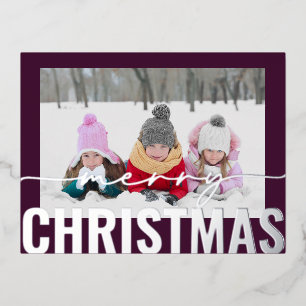 Postal Festiva Con Relieve Metalizado Merry Christmas Script Photo Simple Modern