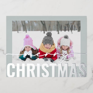 Postal Festiva Con Relieve Metalizado Merry Christmas Script Photo Simple Modern