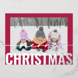 Postal Festiva Con Relieve Metalizado Merry Christmas Script Photo Simple Modern