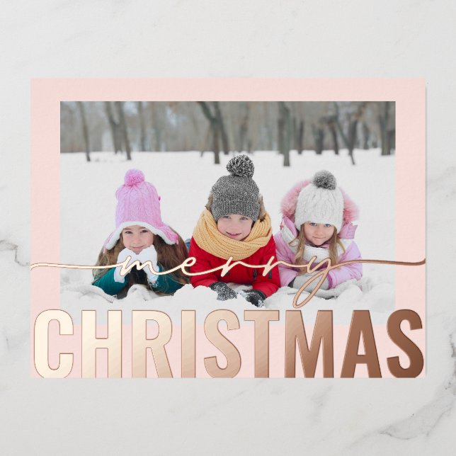 Postal Festiva Con Relieve Metalizado Merry Christmas Script Photo Simple Modern (Anverso)