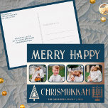 Postal Festiva Con Relieve Metalizado Merry Happy Chrismukkah 4 Foto Azul Y Oro Rosa<br><div class="desc">Crea tus propias tarjetas postales de felicitación de lujo real de Relieve metalizado oro rosa con este sencillo pero elegante diseño de cuatro fotos en azul oscuro y oro rosa con un árbol estilizado para Navidades y una Menorah minimalista para Hanukkah. ¡Feliz Chrismukah! Añade tus cuatro fotos favoritas usando el...</div>