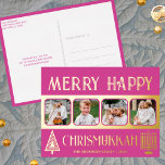Postal Festiva Con Relieve Metalizado Merry Happy Chrismukkah 4 Photo Berry Pink Gold<br><div class="desc">Crea tus propias tarjetas postales de felicitación de Relieve metalizado oro de lujo real con este sencillo pero elegante diseño de cuatro fotos en rosa oscuro y oro con un árbol estilizado para Navidades y una Menorah minimalista para Hanukkah. ¡Feliz Chrismukah! Añade tus cuatro fotos favoritas usando el simple cargador...</div>