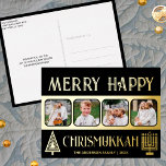 Postal Festiva Con Relieve Metalizado Merry Happy Chrismukkah 4 Photo Black And Gold<br><div class="desc">Crea tus propias tarjetas postales de felicitación de Relieve metalizado oro de lujo real con este sencillo pero elegante diseño de cuatro fotos en negro y oro con un árbol estilizado para Navidades y una Menorah minimalista para Hanukkah. ¡Feliz Chrismukah! Añade tus cuatro fotos favoritas usando el simple cargador de...</div>