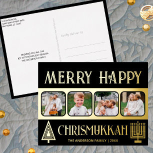 Postal Festiva Con Relieve Metalizado Merry Happy Chrismukkah 4 Photo Black And Gold