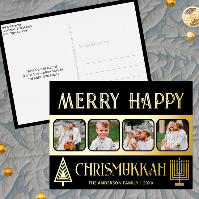 Postal Festiva Con Relieve Metalizado Merry Happy Chrismukkah 4 Photo Black And Gold (Merry Happy Chrismukkah holiday postcards with real gold foil printing are a thoughtful touch)