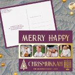 Postal Festiva Con Relieve Metalizado Merry Happy Chrismukkah 4 Photo Plum Purple Gold<br><div class="desc">Crea tus propias tarjetas postales de felicitación de Relieve metalizado de oro de lujo con este sencillo pero elegante diseño de cuatro fotos en morado oscuro y oro con un árbol estilizado para Navidades y una Menorah minimalista para Hanukkah. ¡Feliz Chrismukah! Añade tus cuatro fotos favoritas usando el simple cargador...</div>