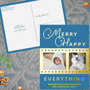 Postal Festiva Con Relieve Metalizado Merry Happy Stylish 2 Photo Word Art Blue Gold