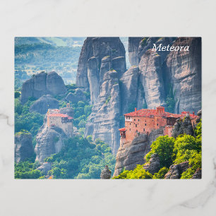 Postal Festiva Con Relieve Metalizado Meteora, Grecia