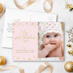 Postal Festiva Con Relieve Metalizado Mi primera foto de bebé en Navidad Rosa Chic Oro R