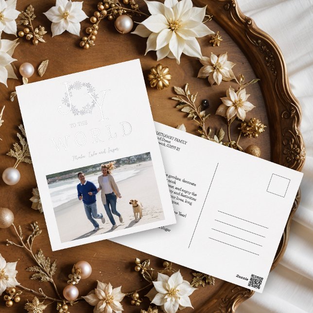 Postal Festiva Con Relieve Metalizado Minimal Silver Snowflakes Joy To The World Family (Minimalist Silver Snowflakes Joy To The World Family Photo Metallic Foil Holidays Postcard.)